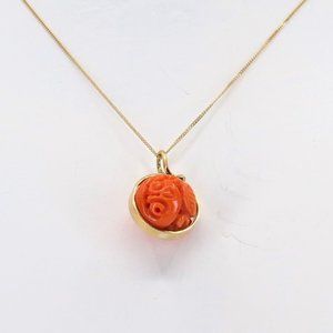 14k Chinese Carved Coral Ball Pendant Necklace